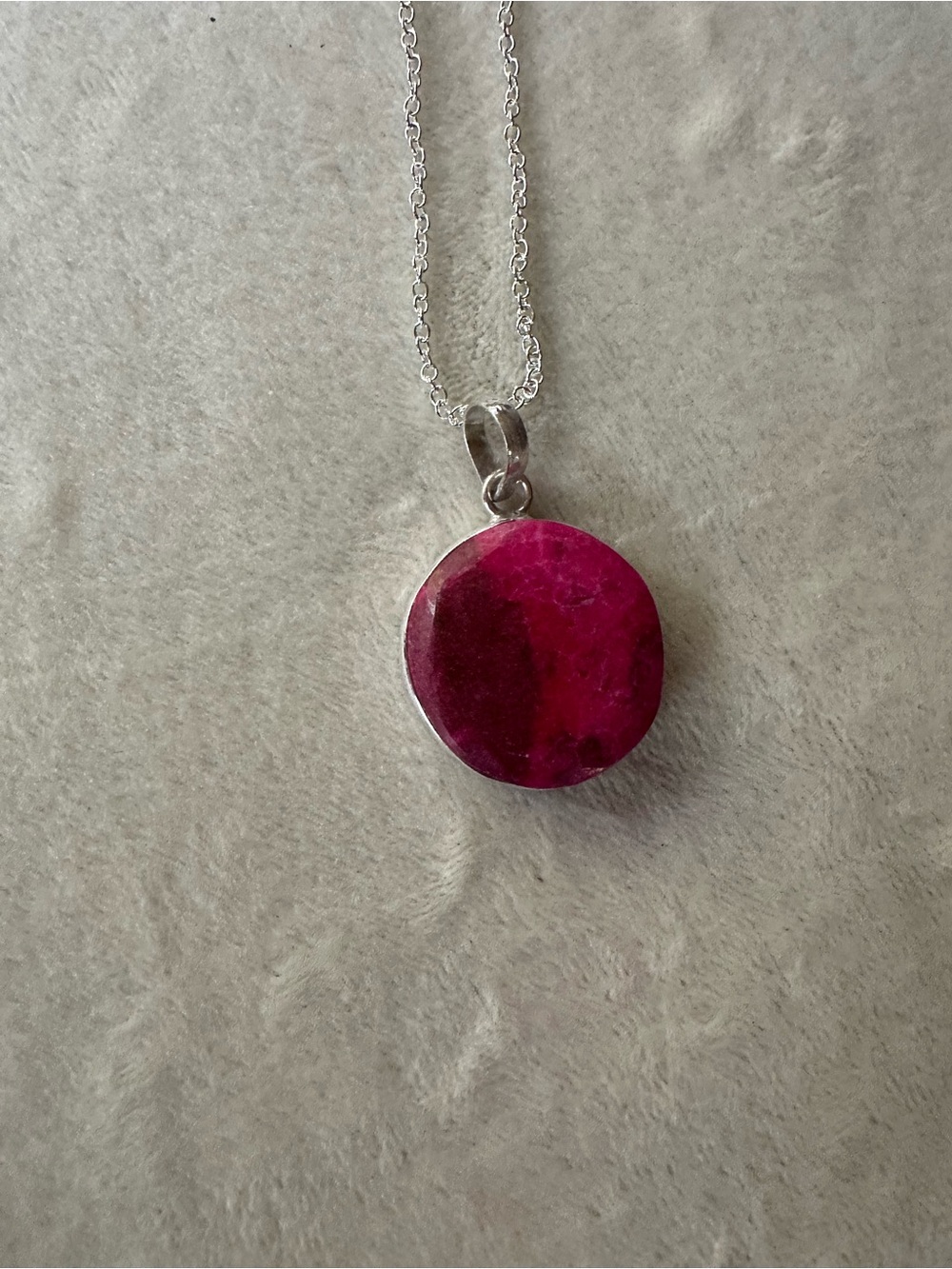 Silver Necklace with Round Fuchsia Gemstone Pendant